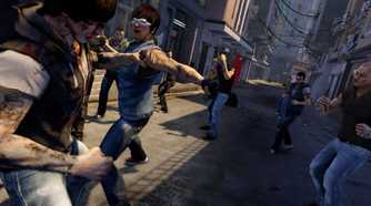 A screenshot from the game Sleeping Dogs, showing multiple characters engage ina street fight in an alley in Hong Kong.