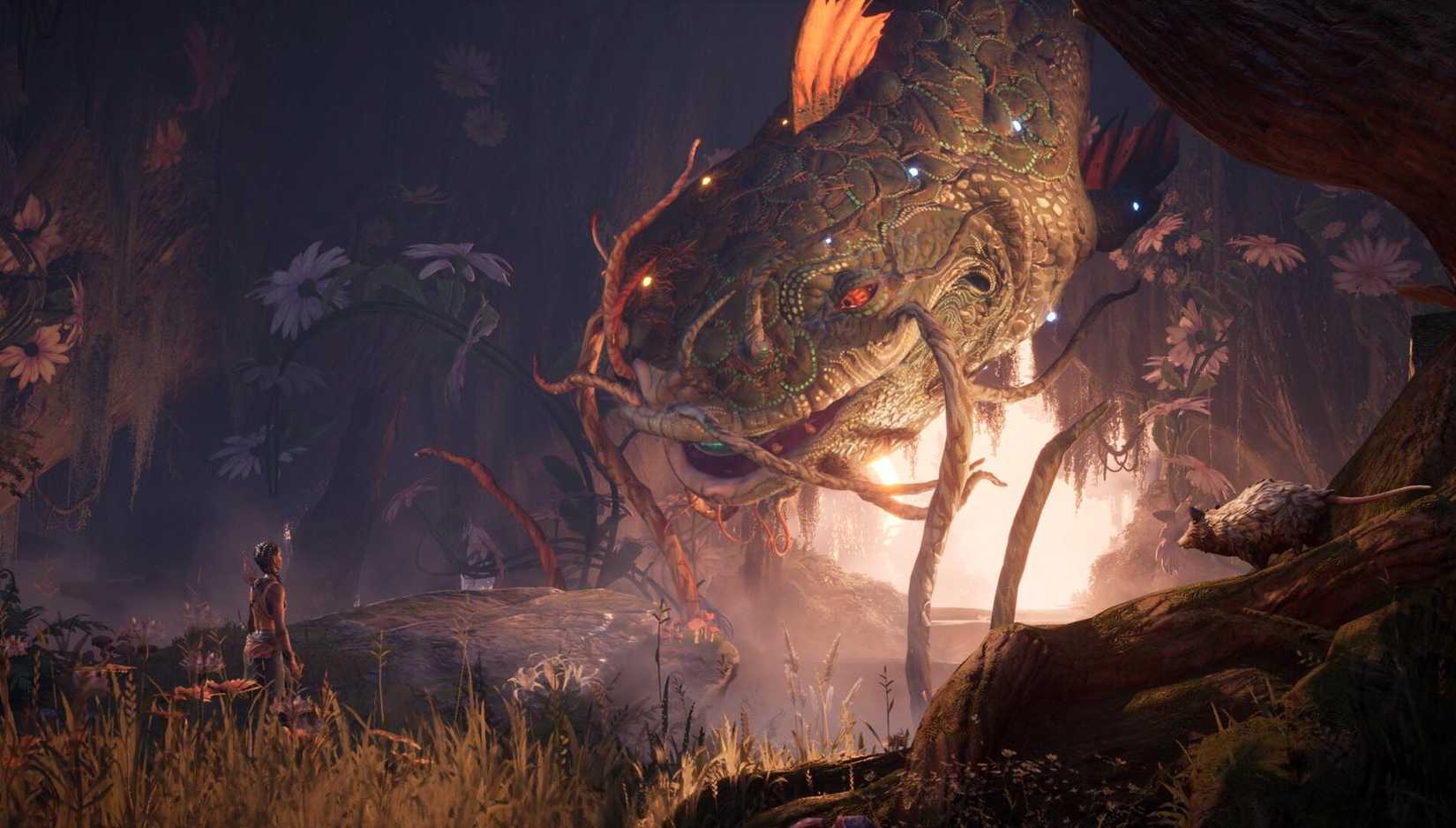 Screenshot from South of Midnight game of woman talking to large fish in swamp setting