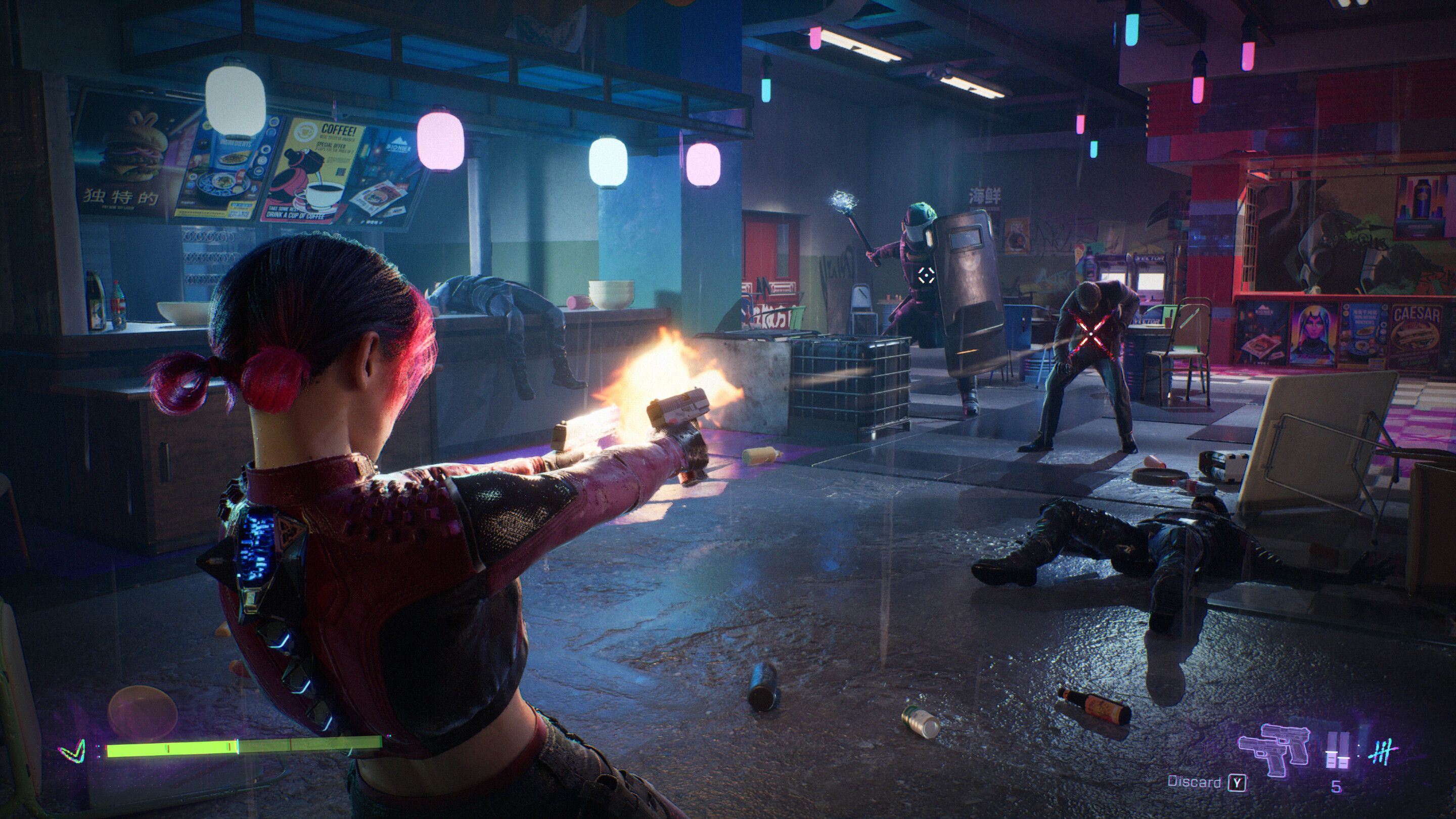 Screenshot from Spine This Is Gun Fu video game of woman in gunfight with two armed men.