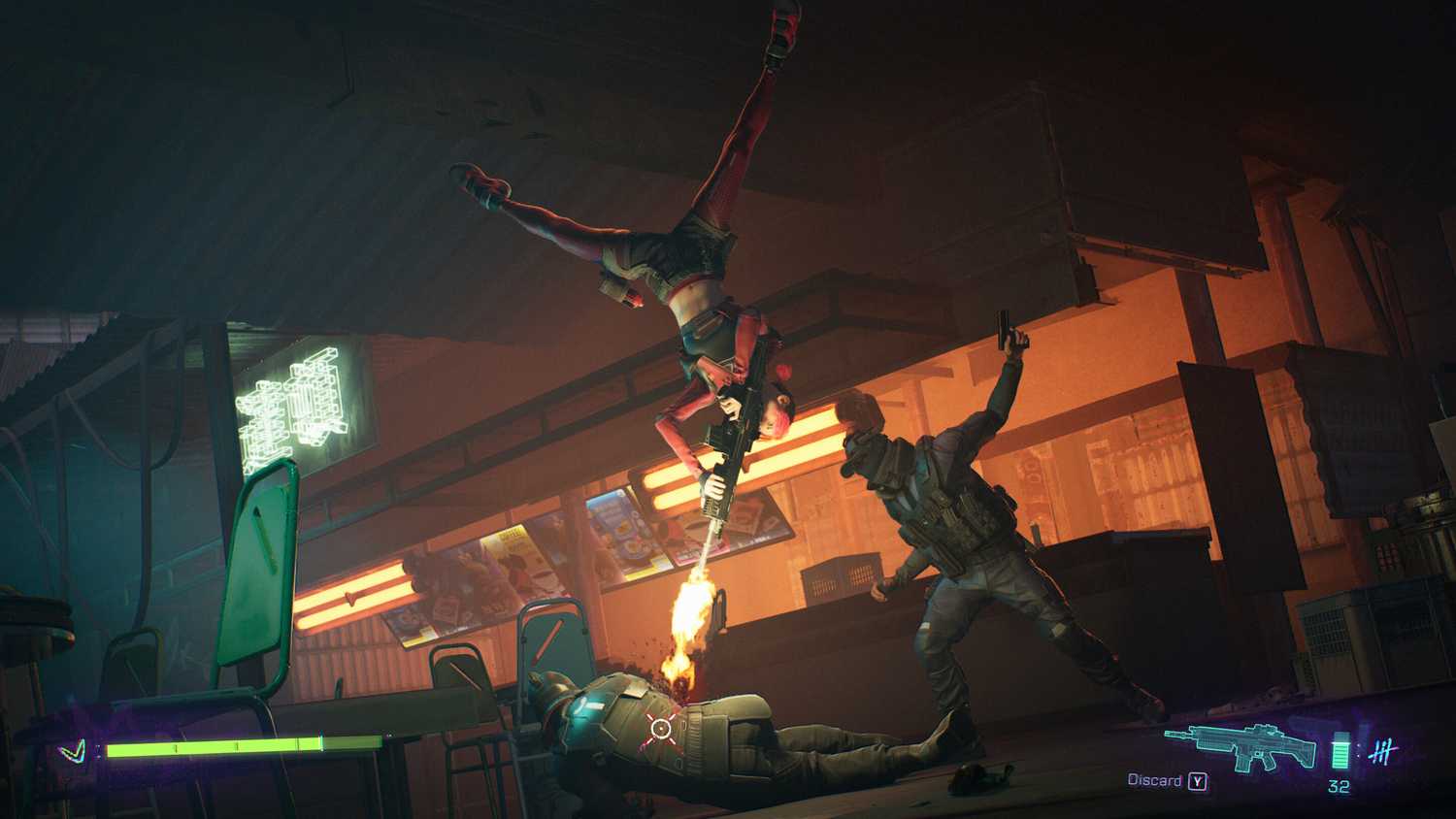 Screenshot from Spine This Is Gun Fu video game of woman flipping through the air while shooting a man lying on the ground