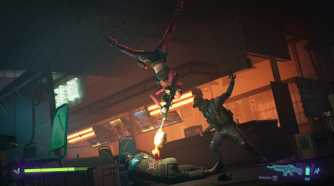 Screenshot from Spine This Is Gun Fu video game of woman flipping through the air while shooting a man lying on the ground