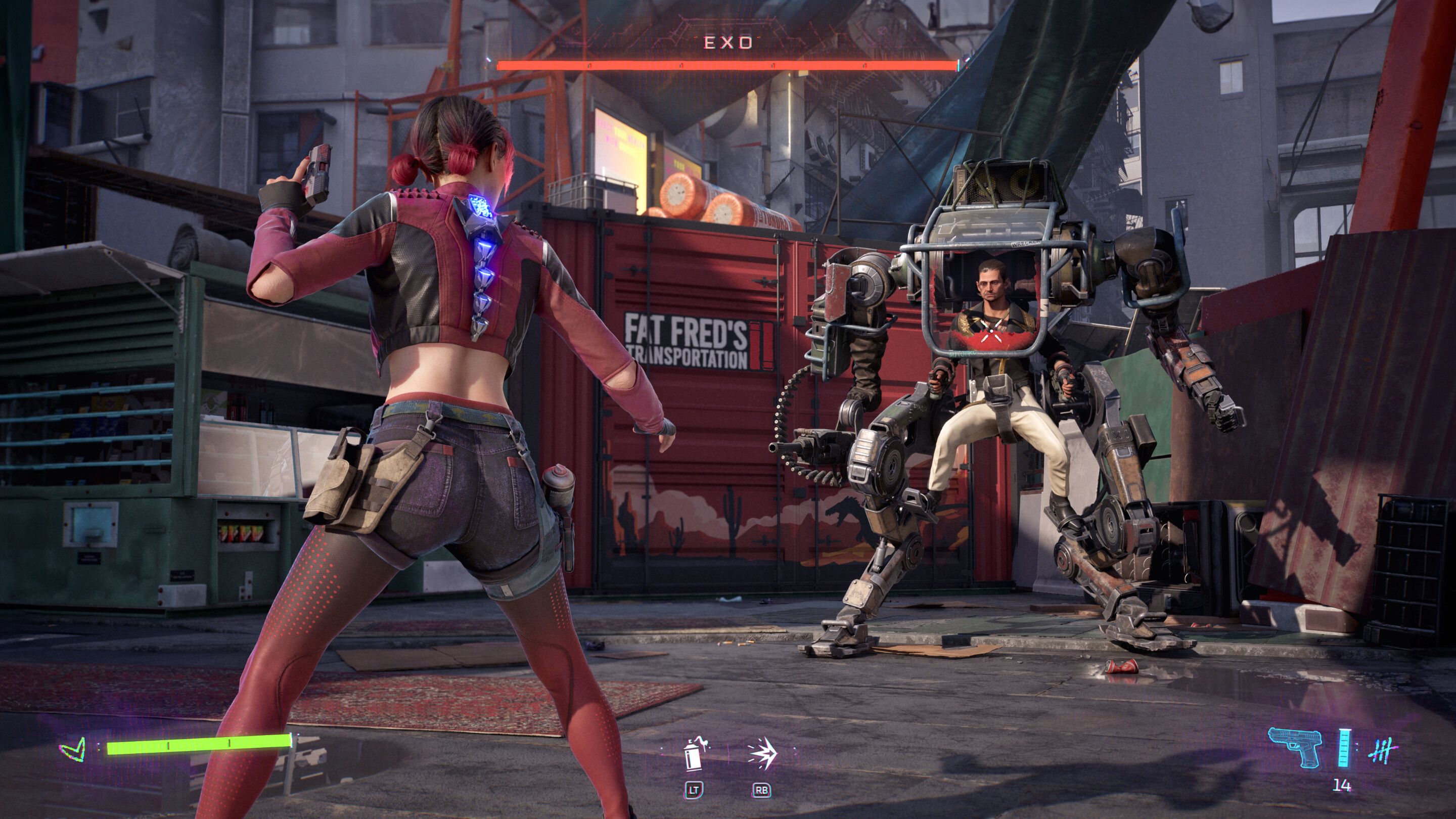Screenshot from Spine This Is Gun Fu video game of woman fighting man in mech suit