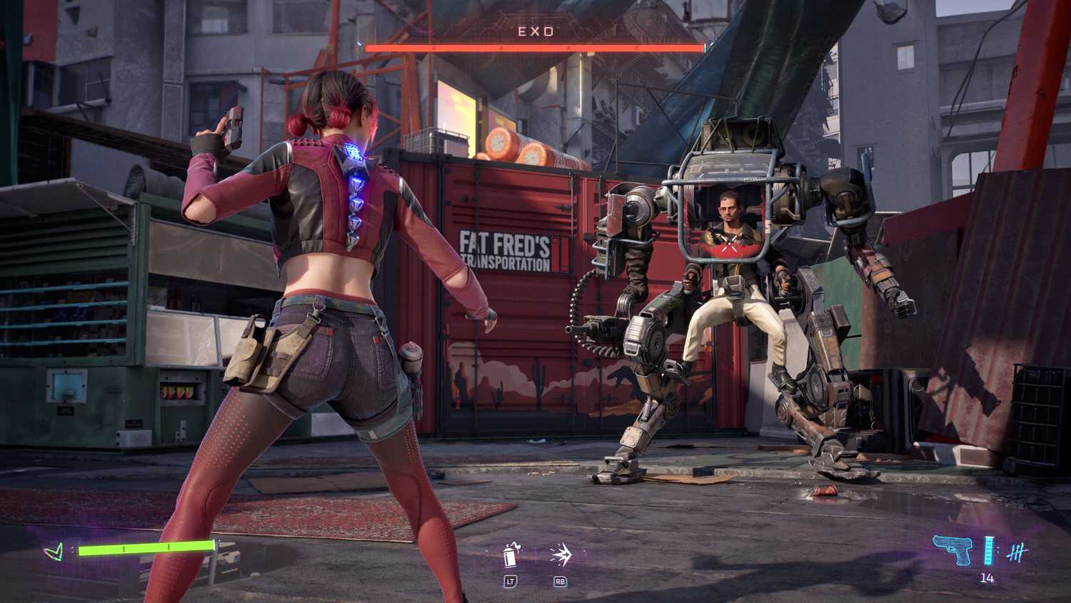 Screenshot from Spine This Is Gun Fu video game of woman fighting man in mech suit