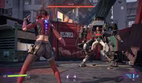 Screenshot from Spine This Is Gun Fu video game of woman fighting man in mech suit