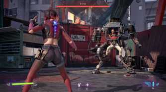 Screenshot from Spine This Is Gun Fu video game of woman fighting man in mech suit