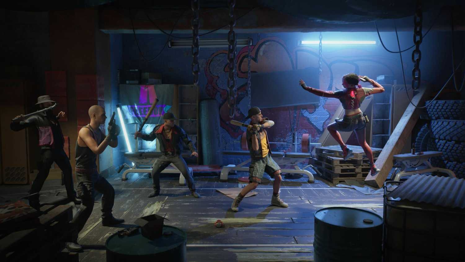 Screenshot from Spine This Is Gun Fu video game of woman fighting four armed men in back alley.