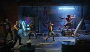 Screenshot from Spine This Is Gun Fu video game of woman fighting four armed men in back alley.