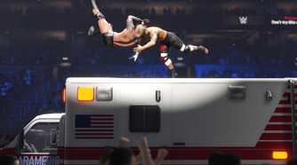 A screenshot from WWE 2K24, showing Randy Orton hit an RKO to his opponent while atop an ambulance.