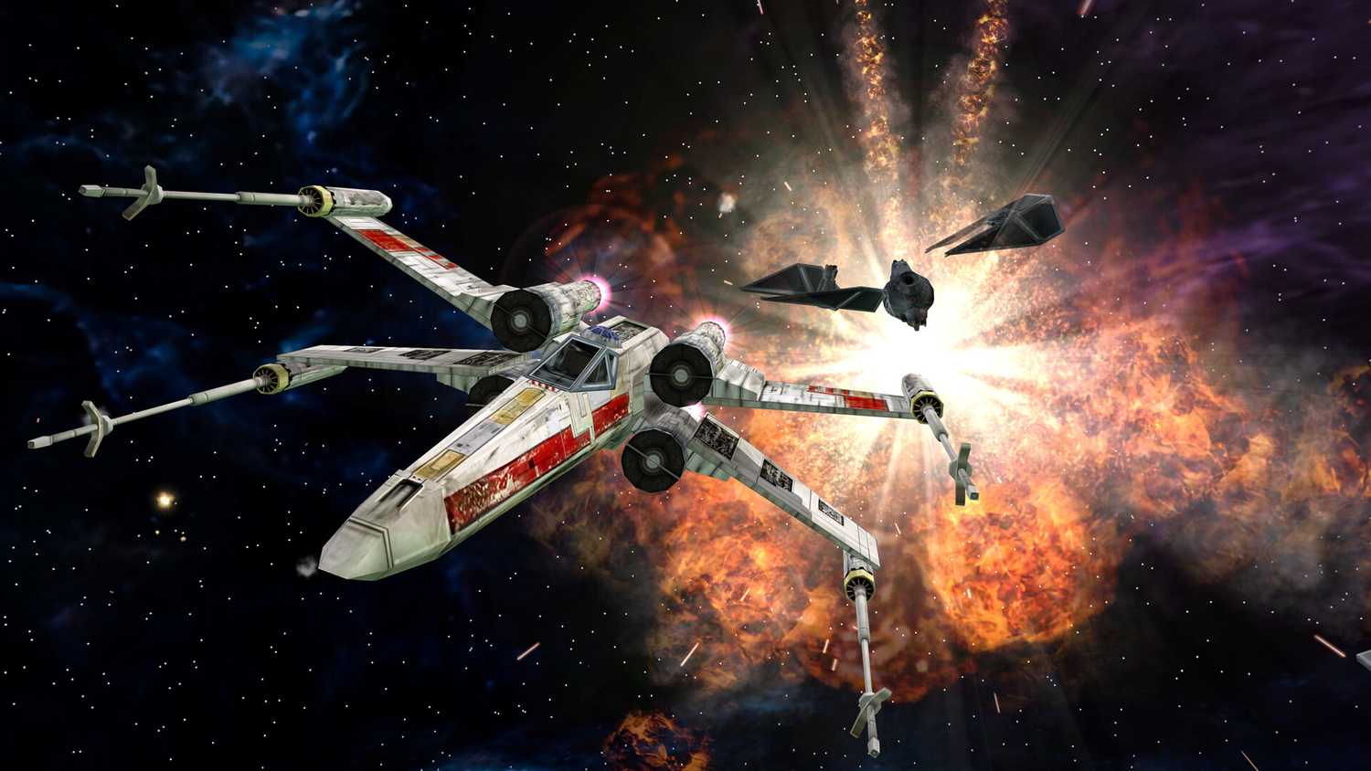 Screenshot from Star Wars Battlefront Classic Collection video game of X-Wing fighter flying in space with explosion behind them