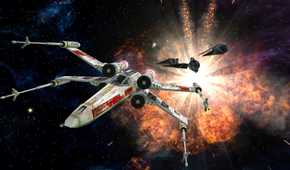 Screenshot from Star Wars Battlefront Classic Collection video game of X-Wing fighter flying in space with explosion behind them