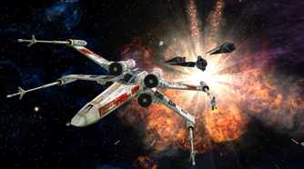 Screenshot from Star Wars Battlefront Classic Collection video game of X-Wing fighter flying in space with explosion behind them