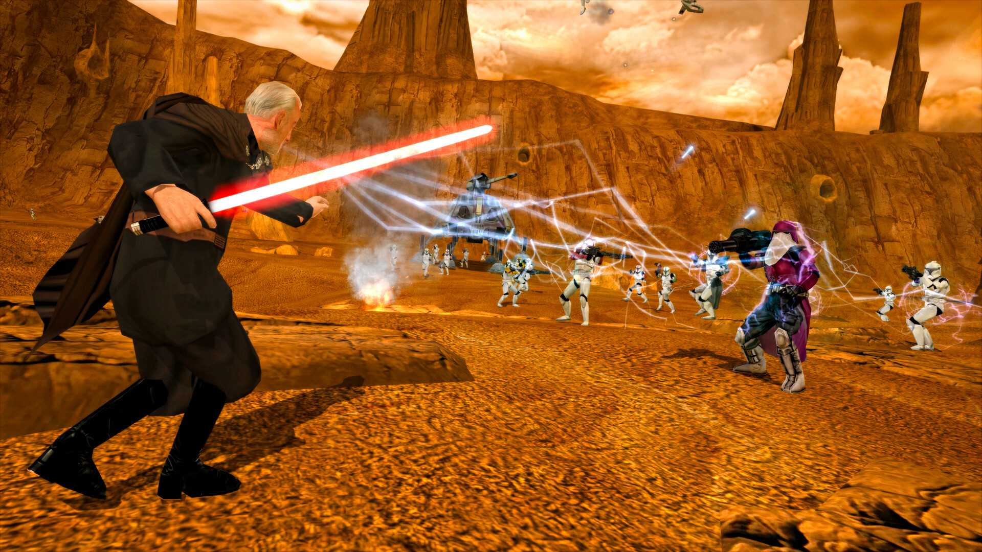 Screenshot from Star Wars Battlefront Classic Collection video game of character with lightsaber using lightning attack on multiple enemies