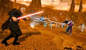 Screenshot from Star Wars Battlefront Classic Collection video game of character with lightsaber using lightning attack on multiple enemies