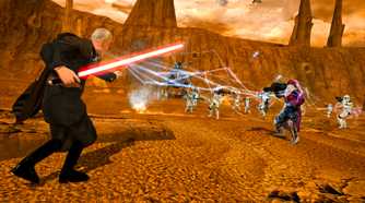 Screenshot from Star Wars Battlefront Classic Collection video game of character with lightsaber using lightning attack on multiple enemies