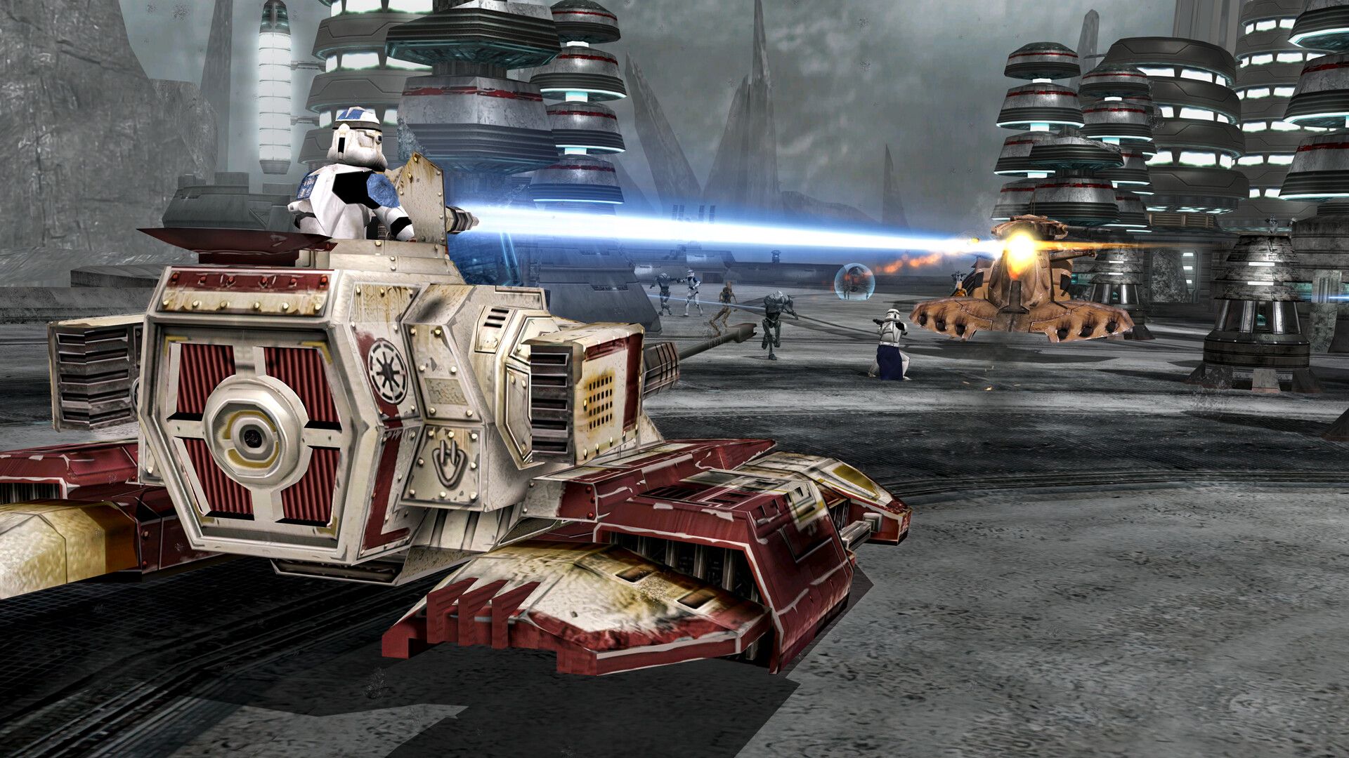 Screenshot from Star Wars Battlefront Classic Collection video game of clone trooper firing laser canon on a Republic tank