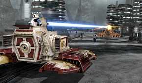 Screenshot from Star Wars Battlefront Classic Collection video game of clone trooper firing laser canon on a Republic tank