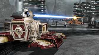 Screenshot from Star Wars Battlefront Classic Collection video game of clone trooper firing laser canon on a Republic tank
