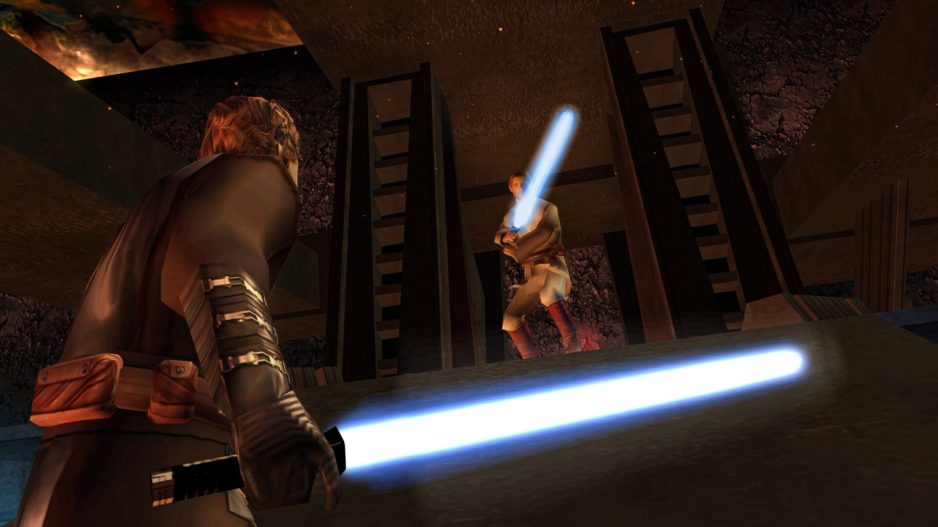 Screenshot from Star Wars Battlefront Classic Collection video game of two characters facing off with lightsabers