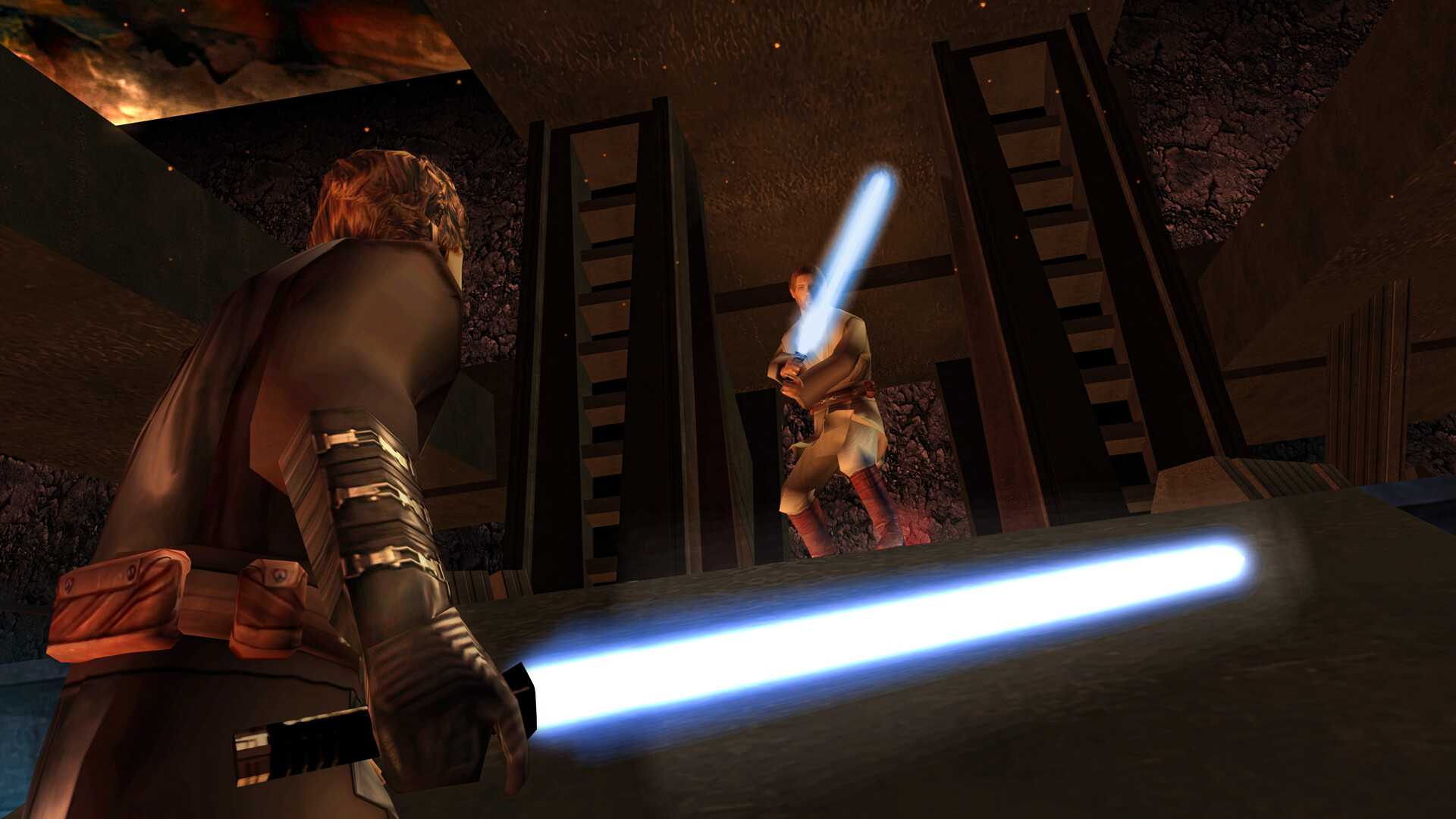 Screenshot from Star Wars Battlefront Classic Collection video game of two characters facing off with lightsabers