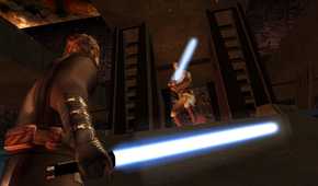 Screenshot from Star Wars Battlefront Classic Collection video game of two characters facing off with lightsabers