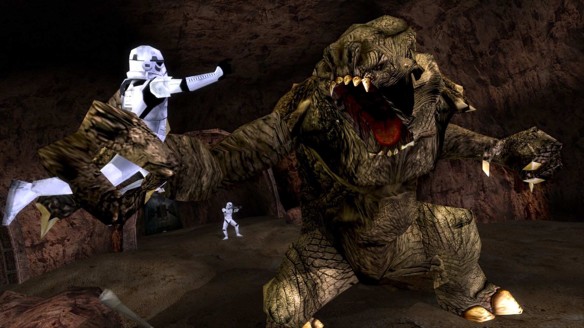 Screenshot from Star Wars Battlefront Classic Collection video game of alien monster Rancor picking up a flailing Stormtrooper