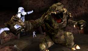 Screenshot from Star Wars Battlefront Classic Collection video game of alien monster Rancor picking up a flailing Stormtrooper