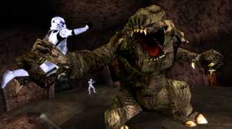 Screenshot from Star Wars Battlefront Classic Collection video game of alien monster Rancor picking up a flailing Stormtrooper
