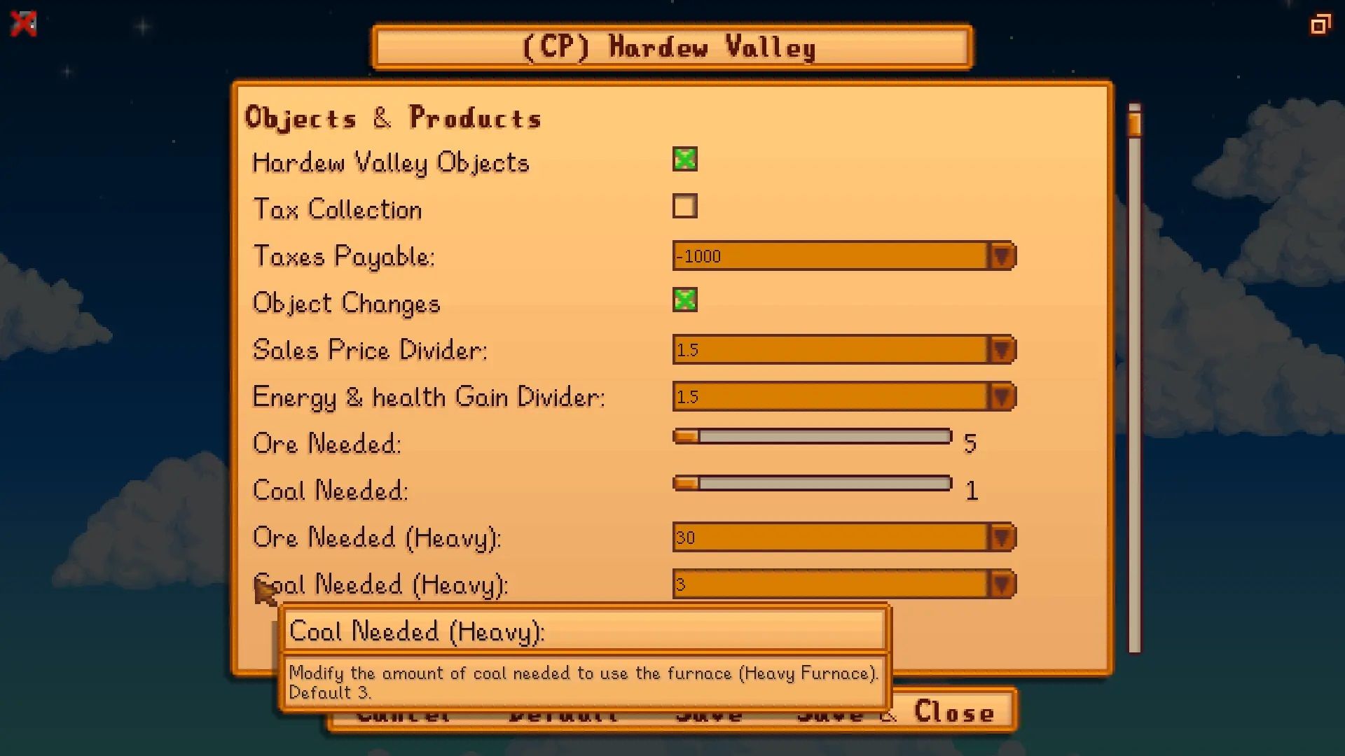 Screenshot from Stardew Valley video game with JP's Hardew Valley mod installed of gameplay adjusting menu
