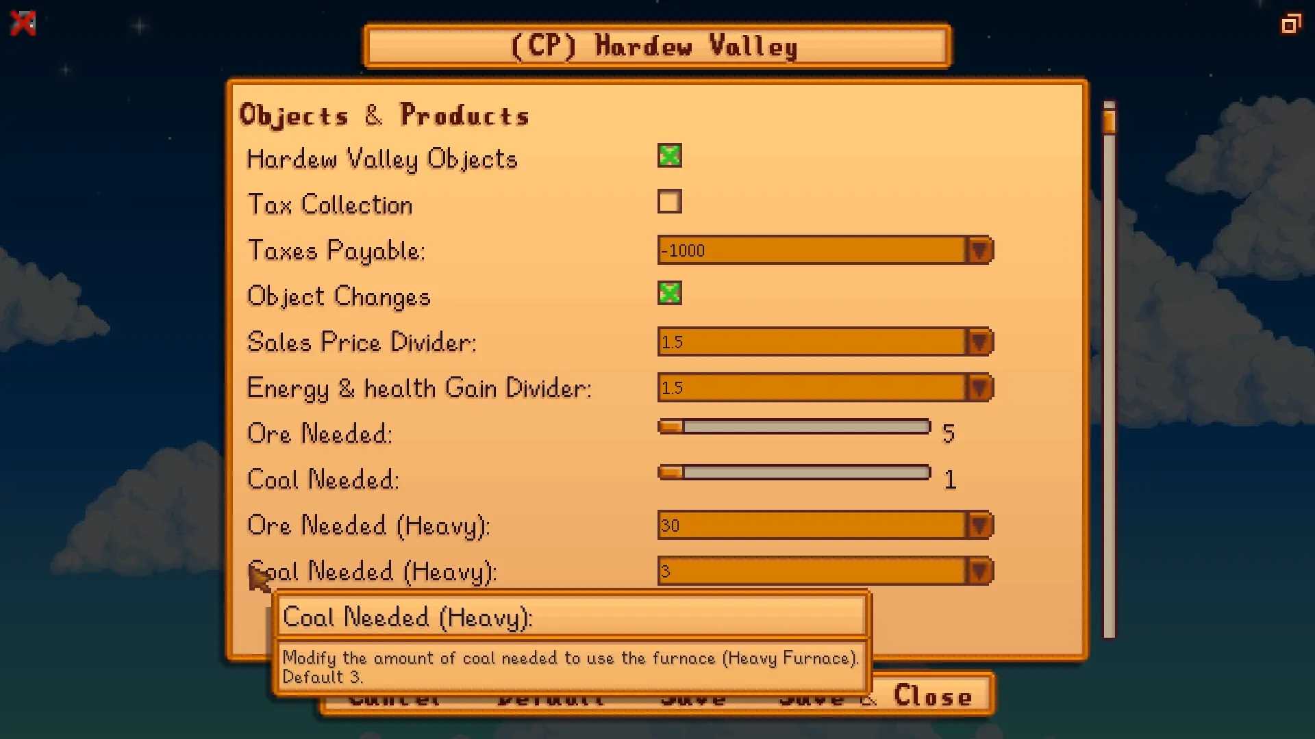 Screenshot from Stardew Valley video game with JP's Hardew Valley mod installed of gameplay adjusting menu