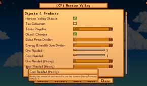 Screenshot from Stardew Valley video game with JP's Hardew Valley mod installed of gameplay adjusting menu