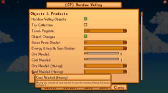 Screenshot from Stardew Valley video game with JP's Hardew Valley mod installed of gameplay adjusting menu