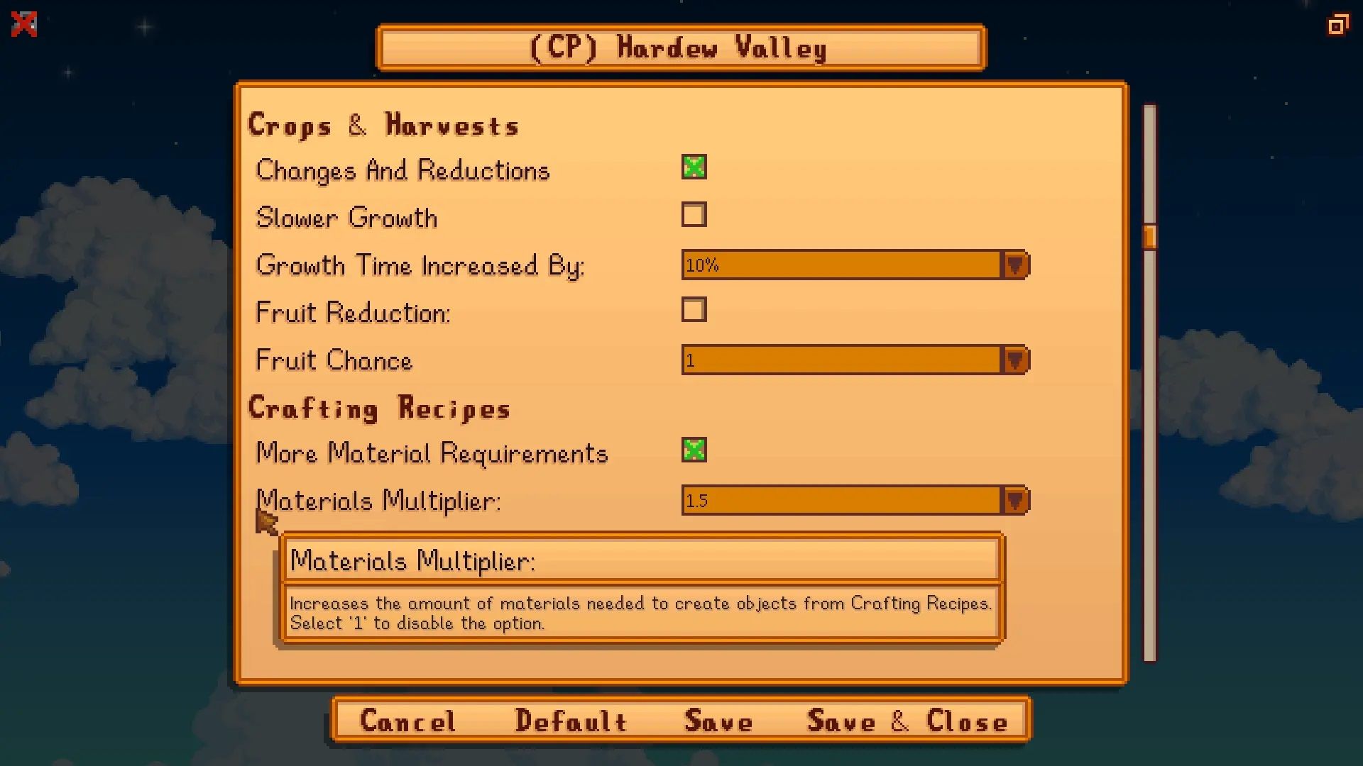 Screenshot from Stardew Valley video game with JP's Hardew Valley mod installed of gameplay adjusting menu