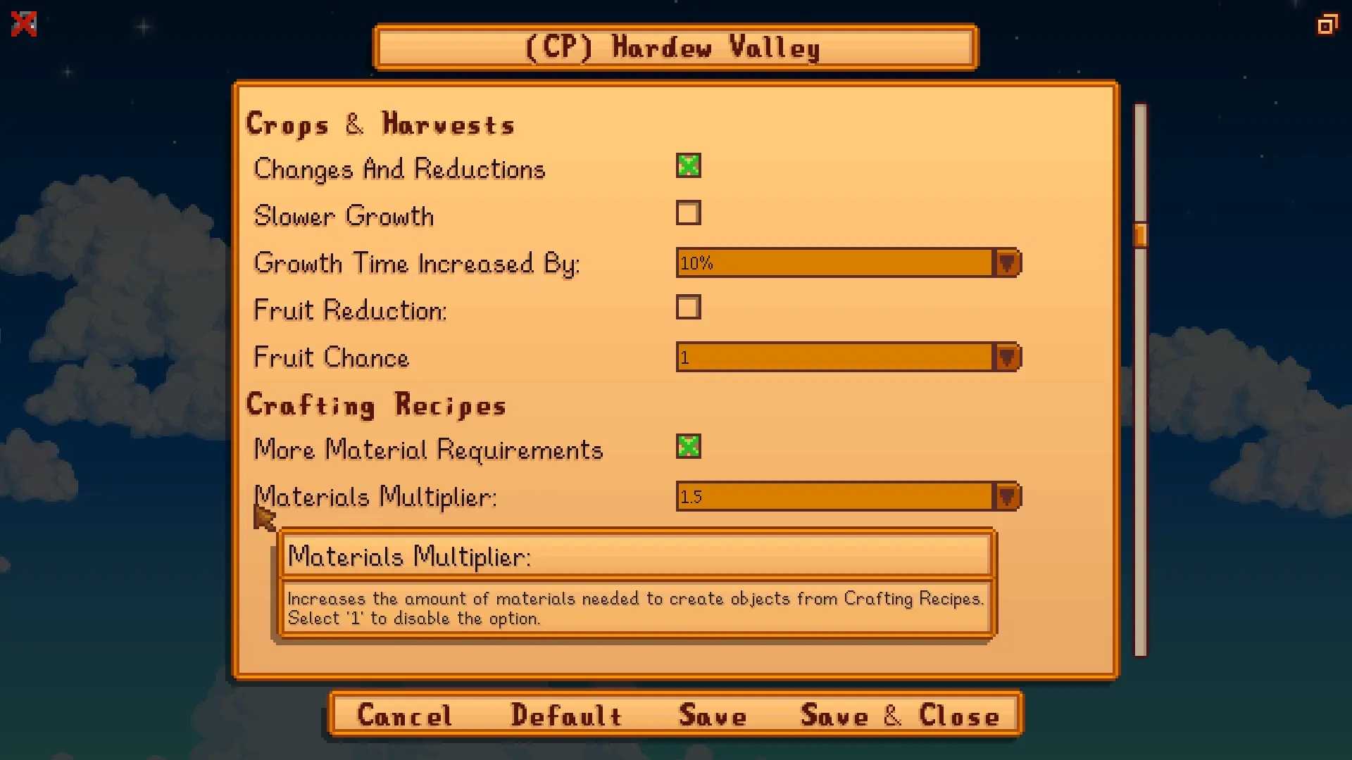 Screenshot from Stardew Valley video game with JP's Hardew Valley mod installed of gameplay adjusting menu