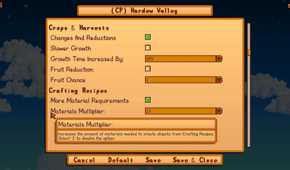 Screenshot from Stardew Valley video game with JP's Hardew Valley mod installed of gameplay adjusting menu