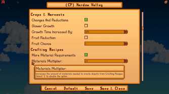 Screenshot from Stardew Valley video game with JP's Hardew Valley mod installed of gameplay adjusting menu