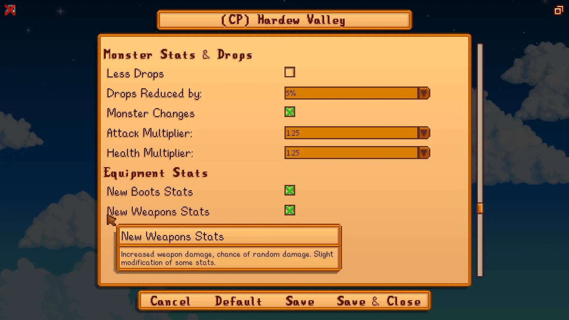 Screenshot from Stardew Valley video game with JP's Hardew Valley mod installed of gameplay adjustments menu
