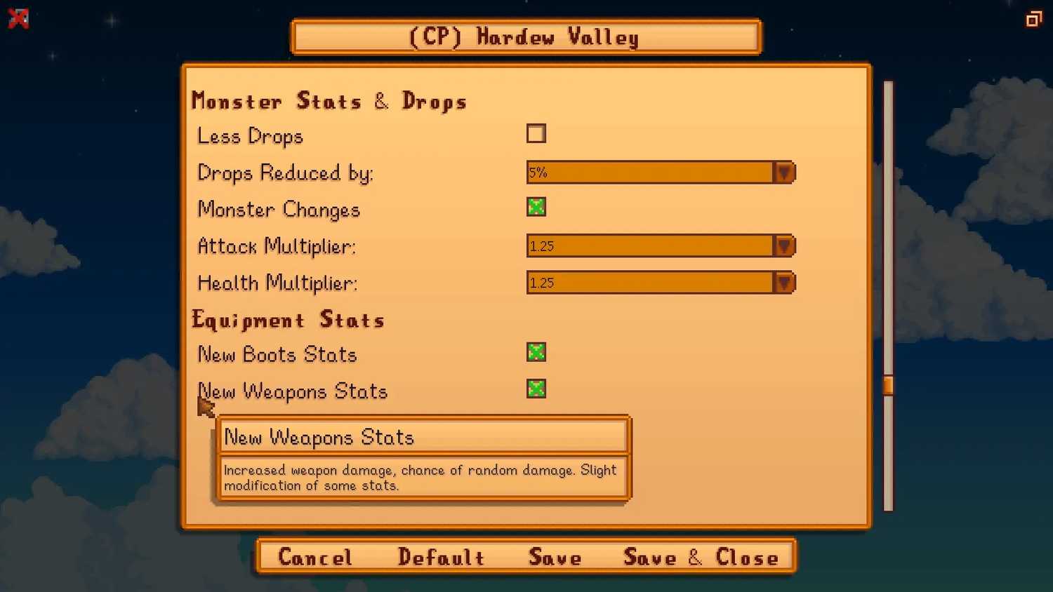 Screenshot from Stardew Valley video game with JP's Hardew Valley mod installed of gameplay adjustments menu