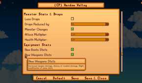 Screenshot from Stardew Valley video game with JP's Hardew Valley mod installed of gameplay adjustments menu