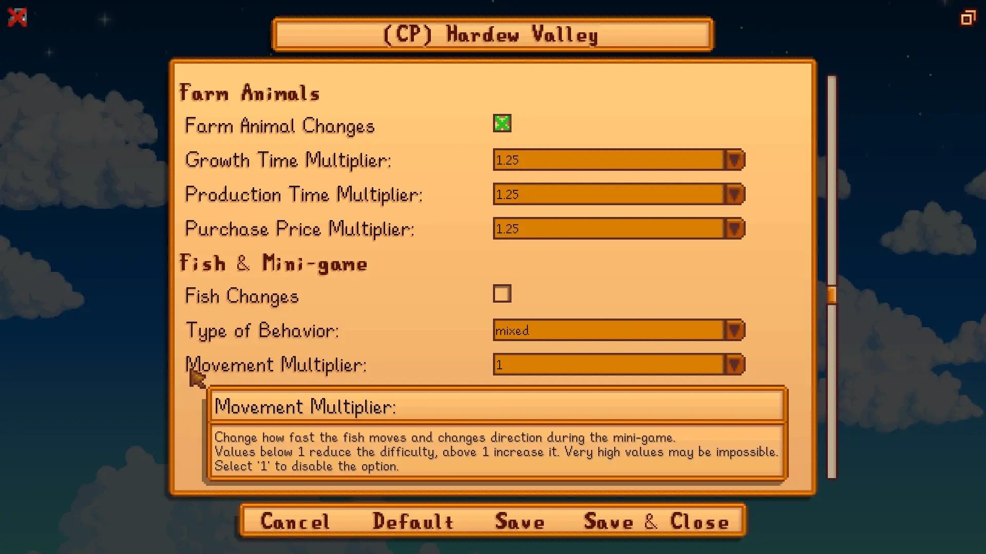 Screenshot from Stardew Valley video game with JP's Hardew Valley mod installed of gameplay adjusting menu