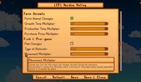 Screenshot from Stardew Valley video game with JP's Hardew Valley mod installed of gameplay adjusting menu