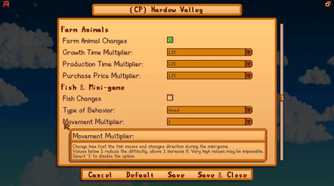 Screenshot from Stardew Valley video game with JP's Hardew Valley mod installed of gameplay adjusting menu