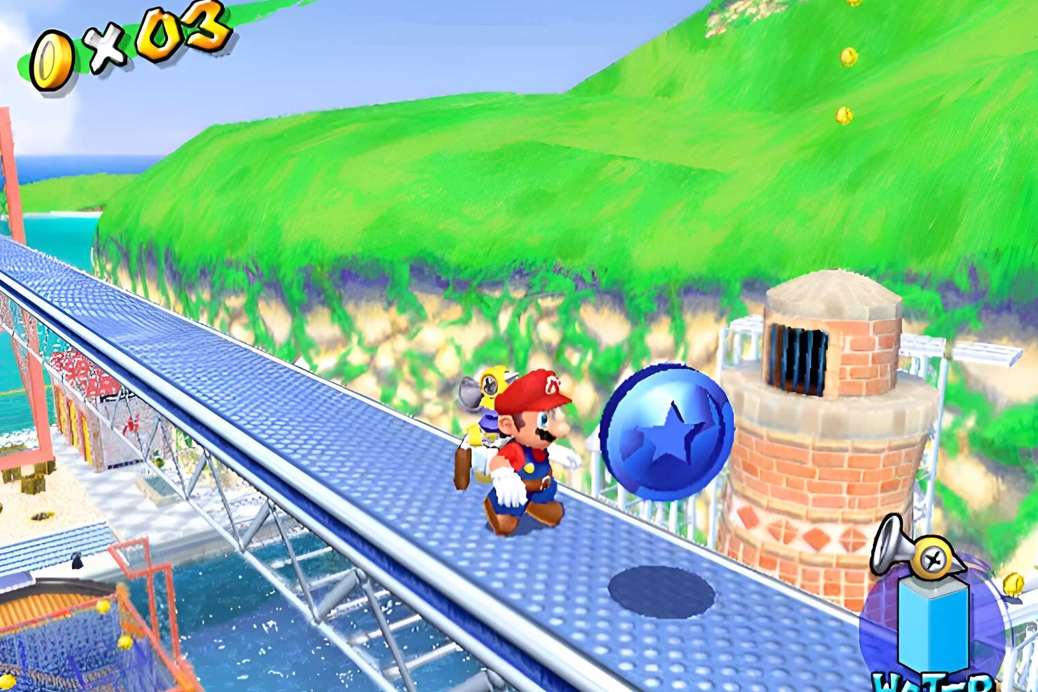 A screenshot from the game Super Mario Sunshine, showing gameplay where Mario is about to grab a blue coin, with huge green mountains behind him.