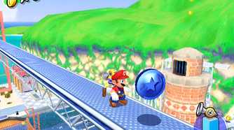 A screenshot from the game Super Mario Sunshine, showing gameplay where Mario is about to grab a blue coin, with huge green mountains behind him.