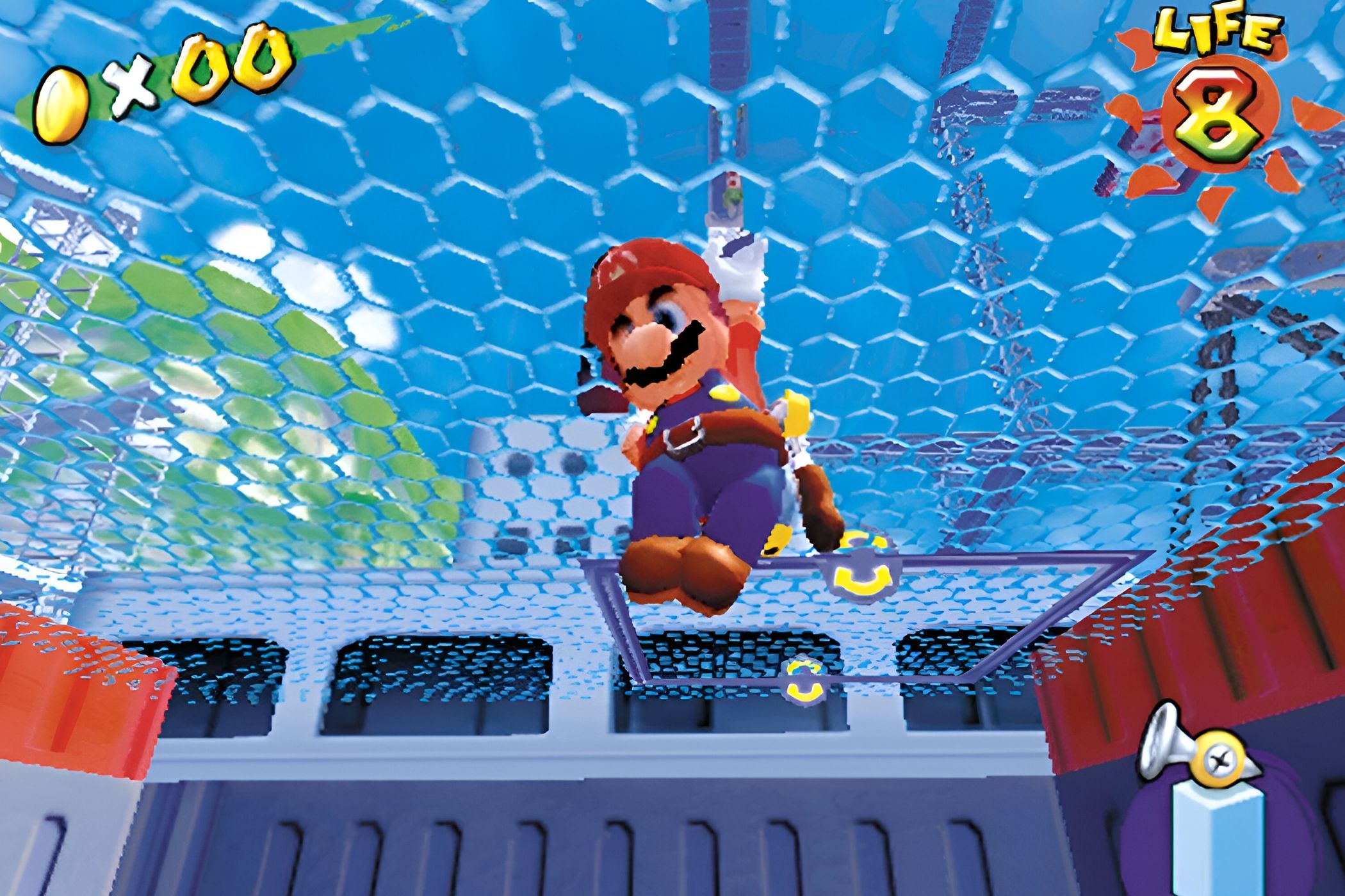 A screenshot from the game Super Mario Sunshine, showing Mario jump up in the game.