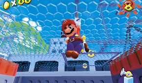 A screenshot from the game Super Mario Sunshine, showing Mario jump up in the game.