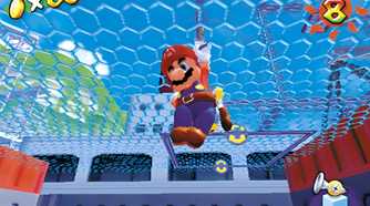 A screenshot from the game Super Mario Sunshine, showing Mario jump up in the game.