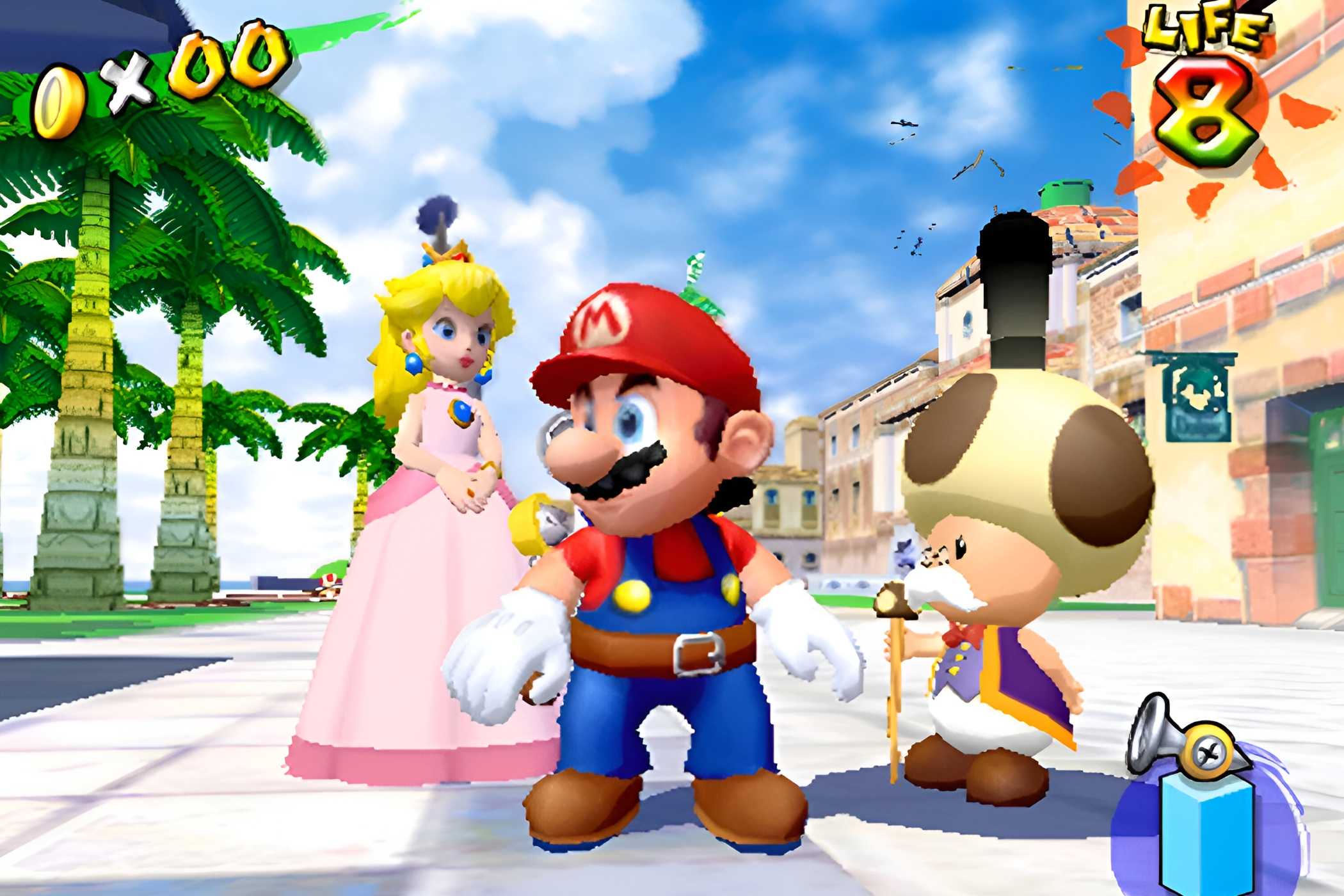 A screenshot from the game Super Mario Sunshine, showing Mario and Princess Peach standing on tiled ground in the middle of an island.