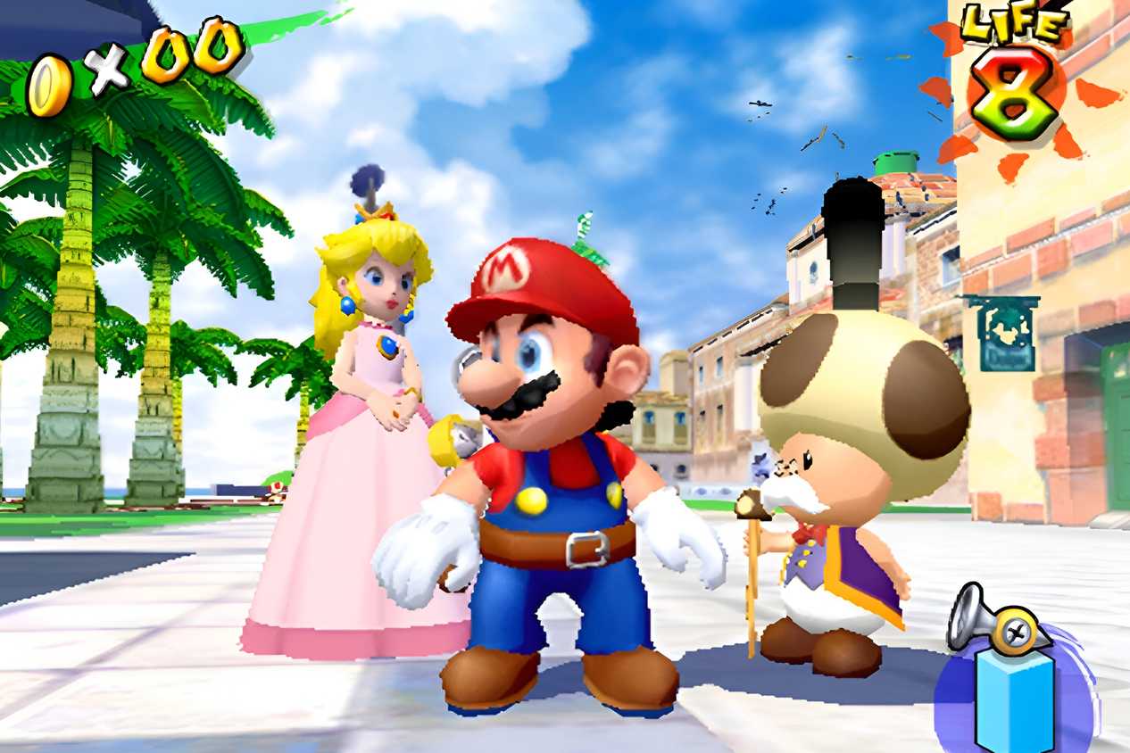 A screenshot from the game Super Mario Sunshine, showing Mario and Princess Peach standing on tiled ground in the middle of an island.