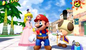 A screenshot from the game Super Mario Sunshine, showing Mario and Princess Peach standing on tiled ground in the middle of an island.