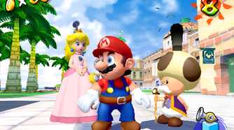 A screenshot from the game Super Mario Sunshine, showing Mario and Princess Peach standing on tiled ground in the middle of an island.